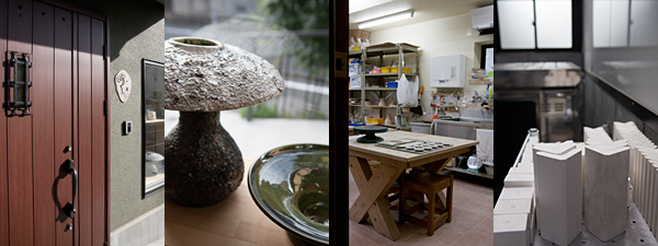 【写真】teru工房の玄関、小ギャラリー、工房内部、電気窯